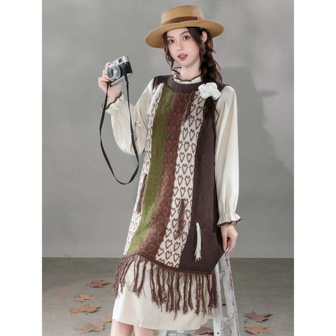 秋冬复古法式美拉德民族风针织流苏背心宽松显瘦连衣裙套装1013