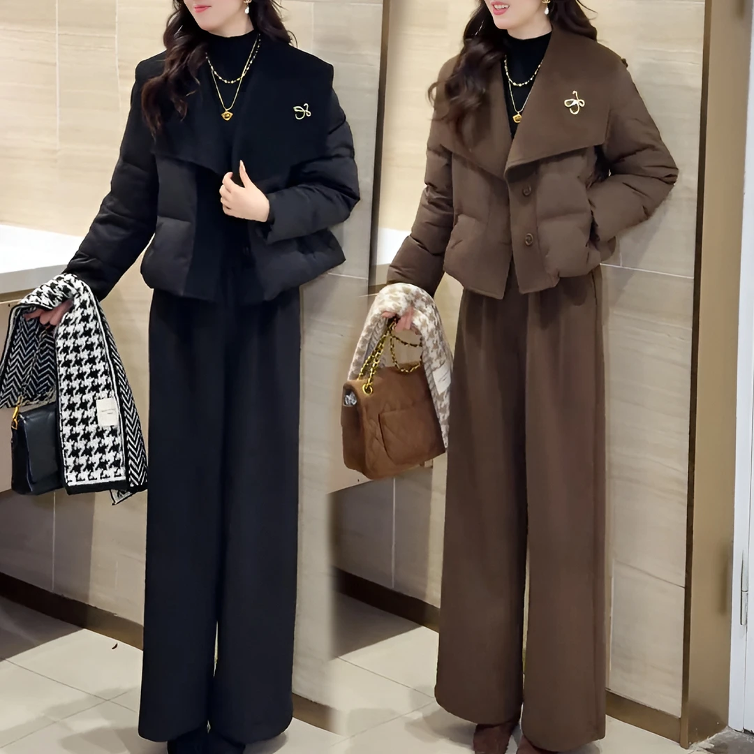 设计感大翻领针织拼接棉服外套女2025冬季新款小个子直筒裤两件套