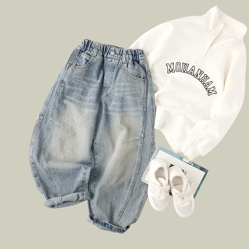 吴小越w1000男童春款拼接牛仔裤老爹年货痞帅男孩新款韩版长裤