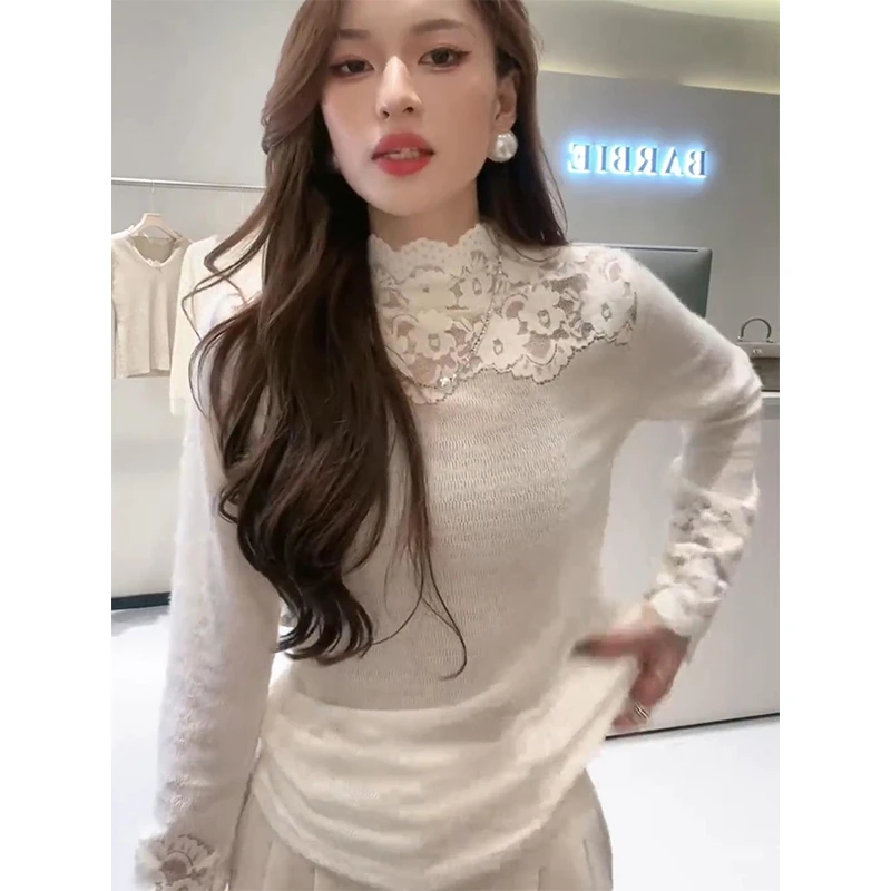 大码胖mm蕾丝高领内搭t恤女秋冬季新款欧货设计感打底衫长袖上衣