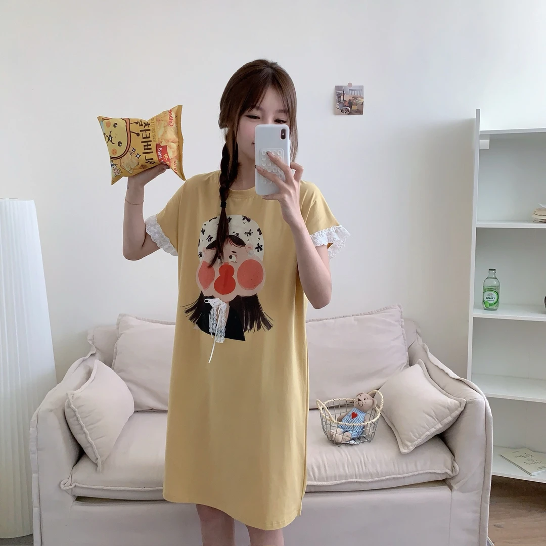 春夏新款可爱卡通印花蕾丝花边减领宽松短袖可外穿睡裙中裙家居服