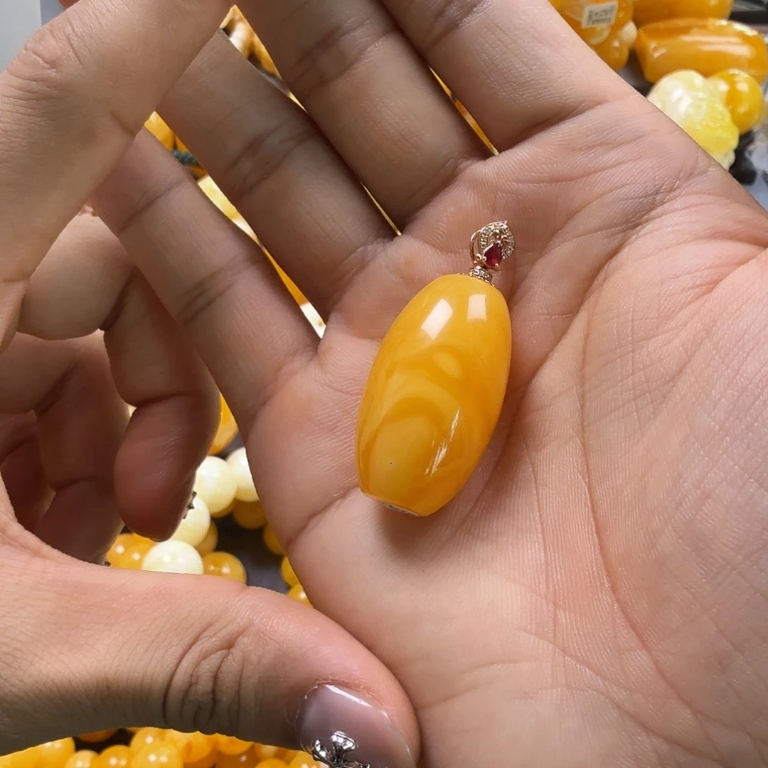蜜蜡珠宝奇石18K金镶嵌桶珠