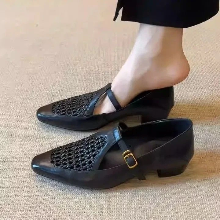 欧洲站【爆品清仓】真皮镂空女鞋2025新款夏季编织镂空单鞋丁字扣凉