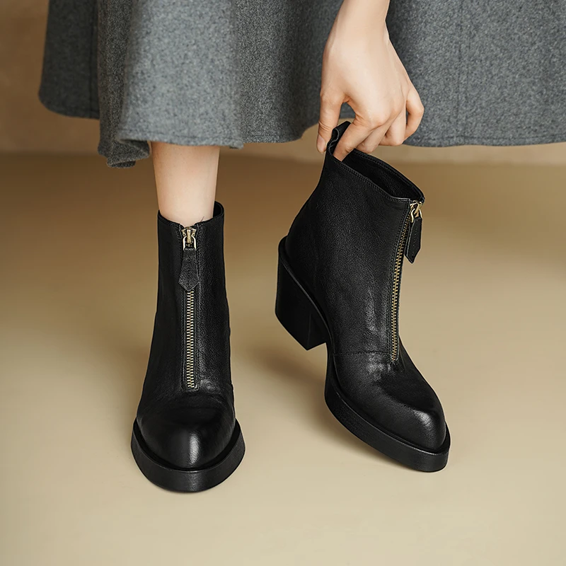 6.5cm粗跟真皮短靴2025新款春秋单靴复古圆头前拉链厚底马丁靴女