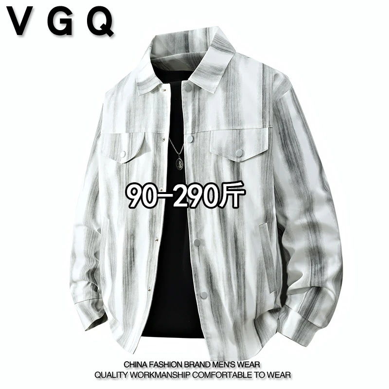 VGQ男士翻领夹克秋季加肥加大码条纹扎染外套潮流百搭休闲上衣服