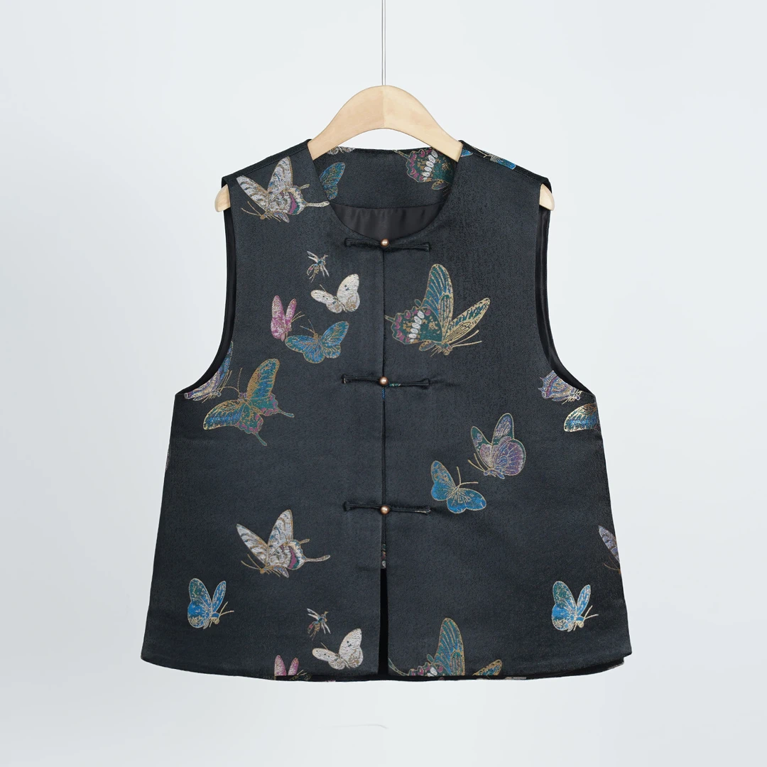 双非遗新中式100%桑蚕丝宋锦晓春蝶戏女士马甲（251656）2822