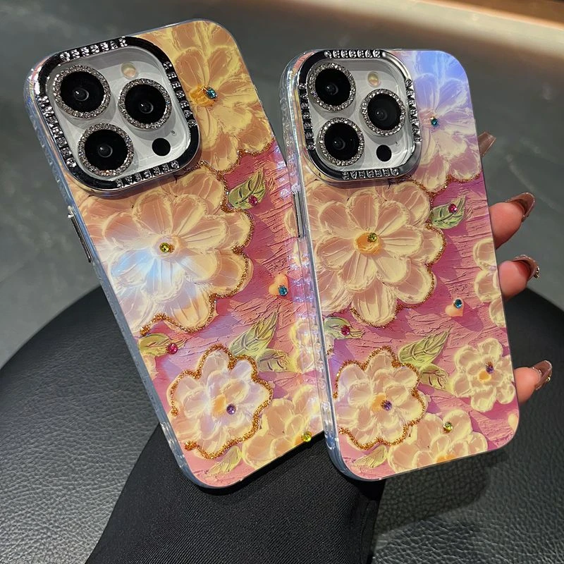 适用苹果系列iPhone16新款手机壳优雅油画花朵钻石镜框闪钻镜头膜