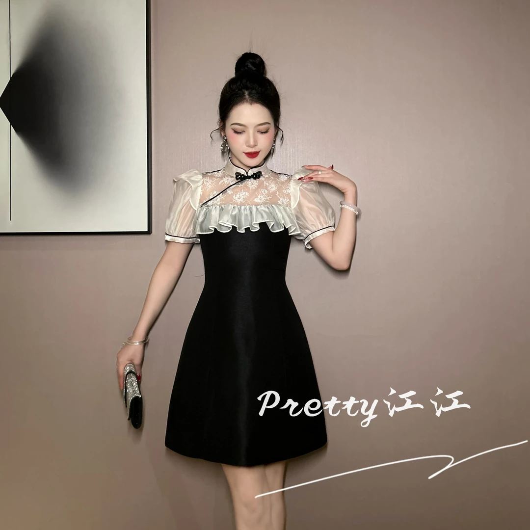 Pretty小众设计师品牌江江定制 拼接A字裙修身蕾丝连衣裙15441