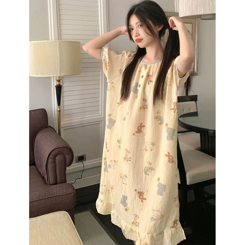 夏季新款满印动物睡裙睡裙甜美可爱圆领短袖睡衣女家居服中长款