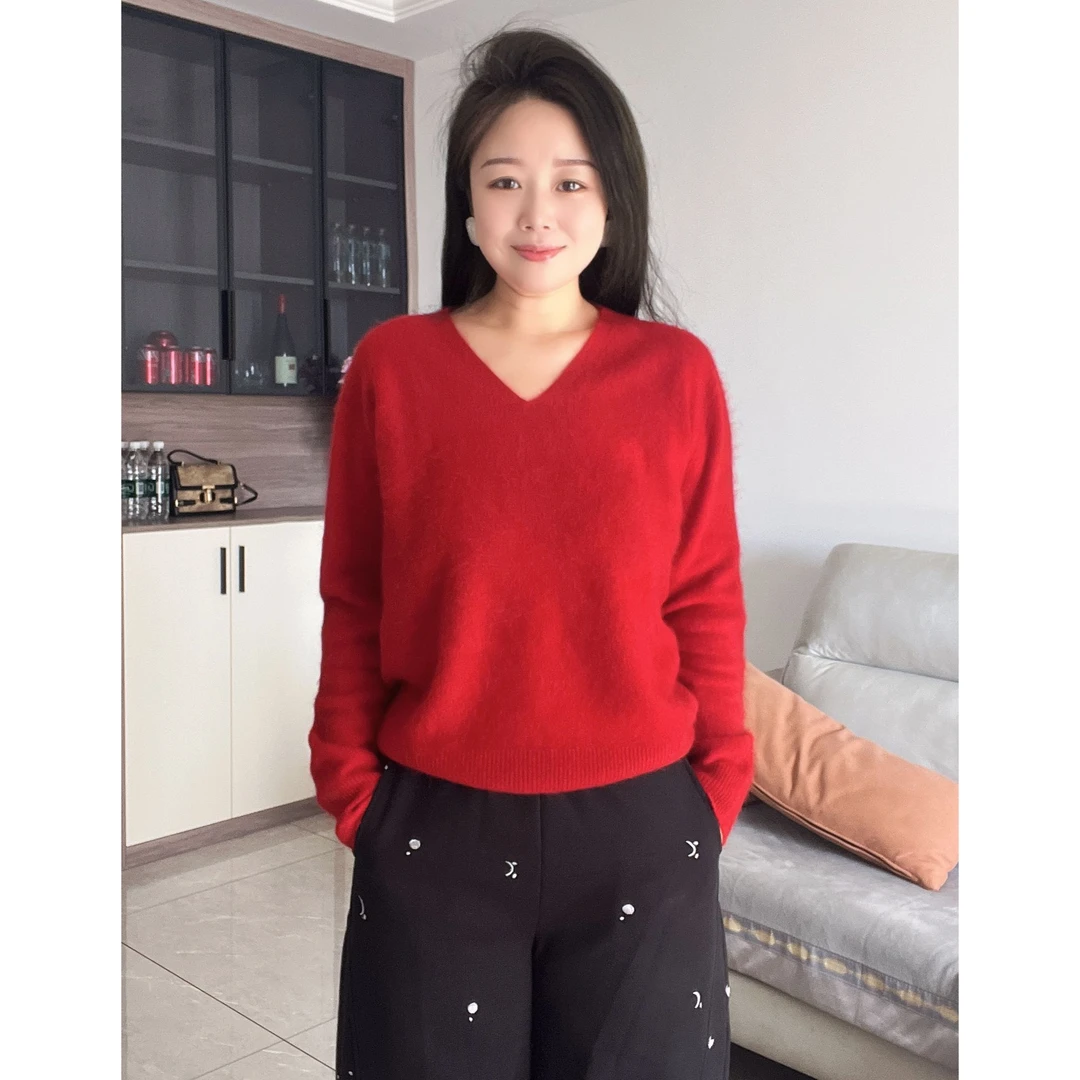 【中国红】2025冬季羊毛羊绒V领拉毛宽松针织毛衣女