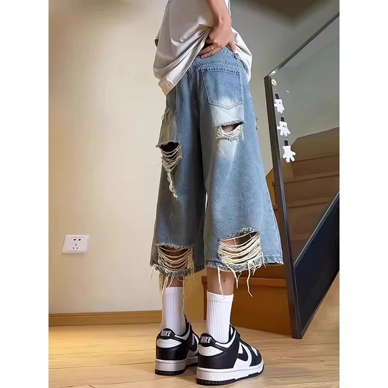 美式复古破洞牛仔短裤男款夏季高街毛边设计感裤子水洗阔腿七分裤