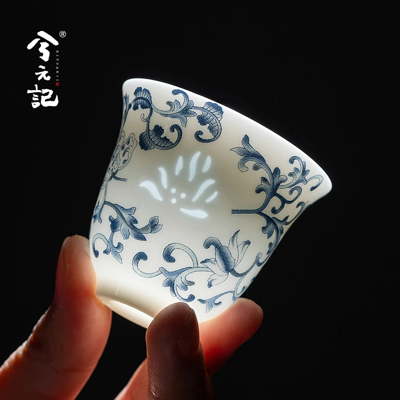 青花羊脂玉瓷玲珑茶杯主人杯单杯陶瓷品茗杯个人专用喝茶杯子茶盏