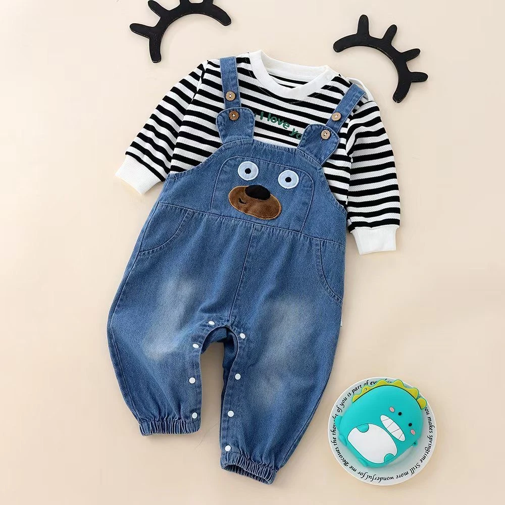 婴儿春秋小熊牛仔背带裤宝宝韩版休闲条纹两件套连体衣卡通洋气