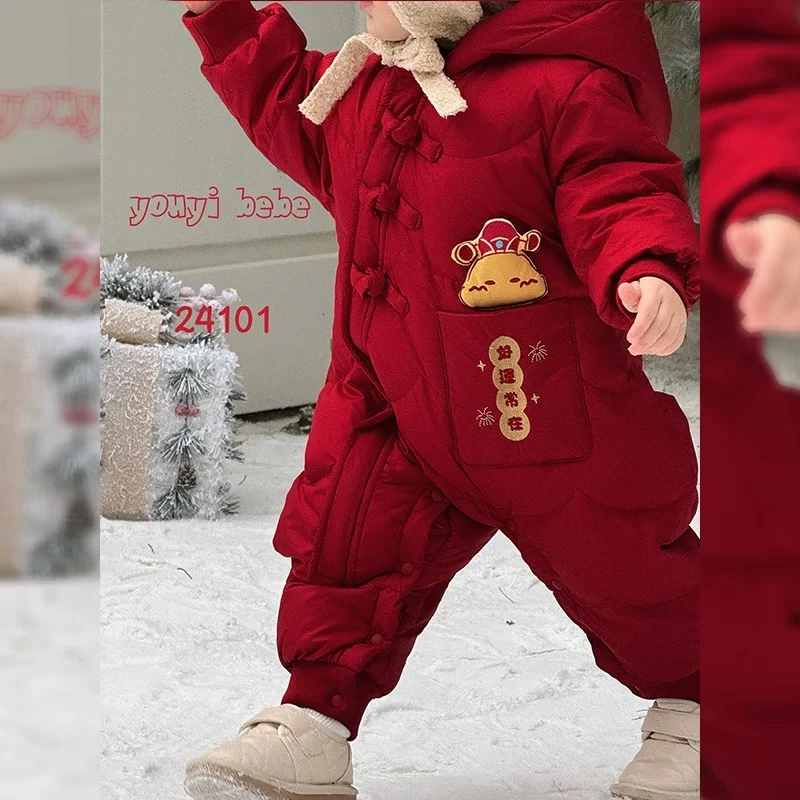 婴儿加厚羽绒拜年服好运常在冬季羽绒连体衣哈衣白鸭绒连体衣4101