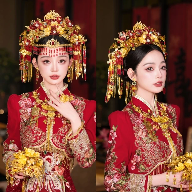 新娘结婚头饰红金色凤冠饰品水晶流苏发冠秀禾服汉服龙凤褂配饰品
