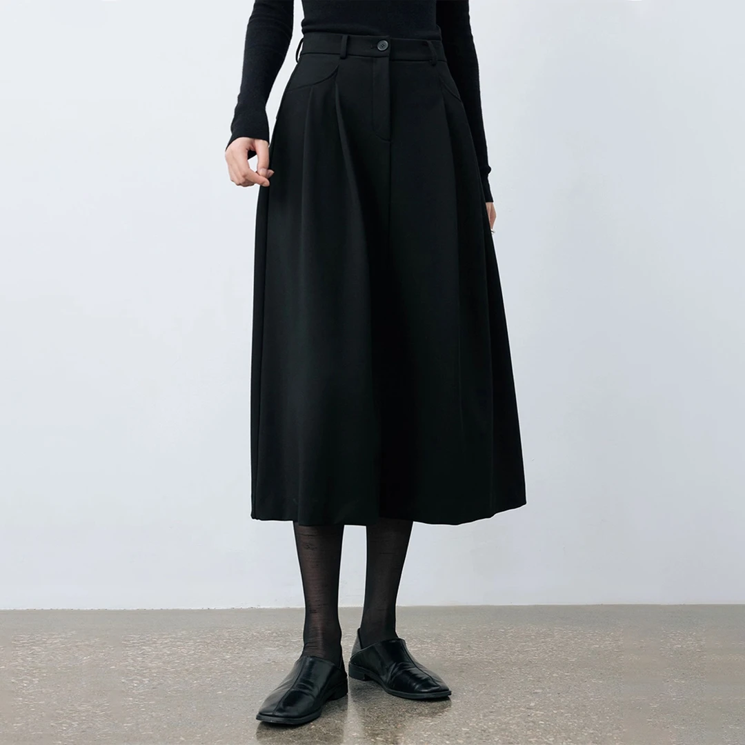 黑色百搭毛呢显瘦遮肚子半身裙女秋季小个子梨型身材遮胯韩系长裙