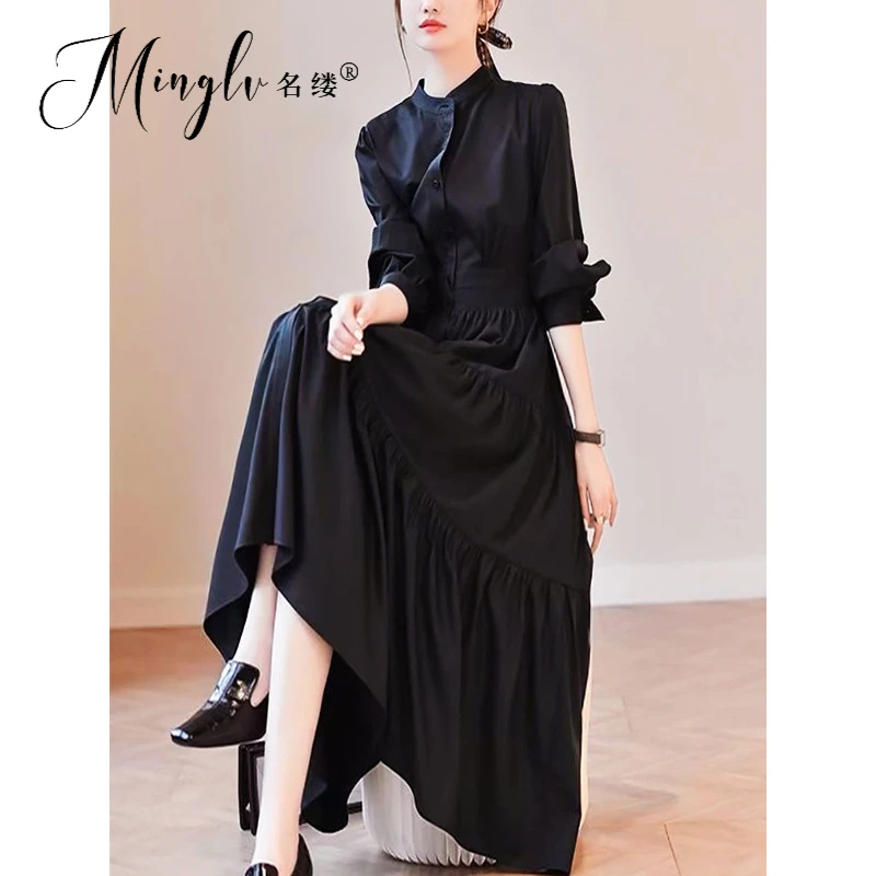 女士秋装高端气质名媛收腰大摆显瘦黑色复古立领长袖衬衫式连衣裙