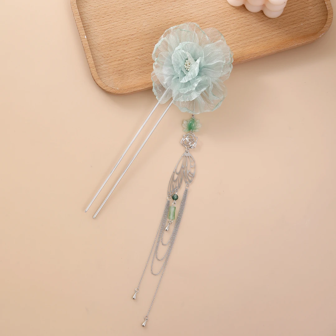 【细雨迷蒙】绿山茶清新温柔绢花步摇流苏仙女气质发簪新中式发簪