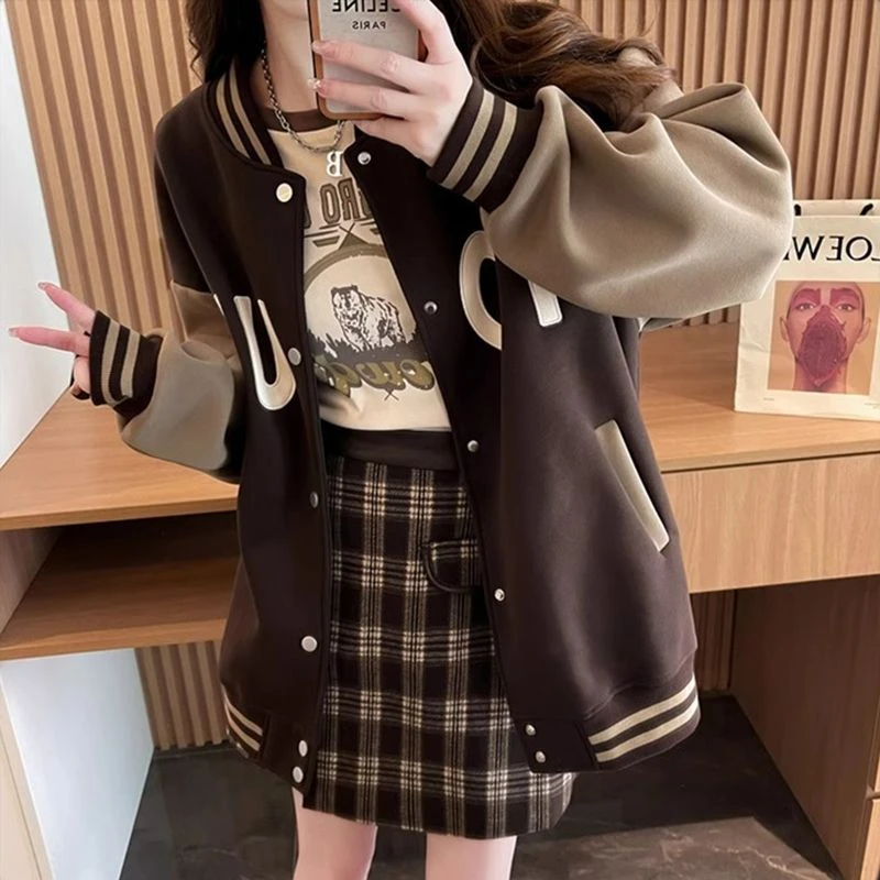 纽扣开衫美式立领外套女春秋季爆款学生拼色棒球服高中生时尚百搭