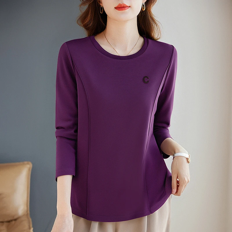 大码长袖T恤女士秋季新款薄款正肩紫色上衣遮肚子显瘦女装打底衫