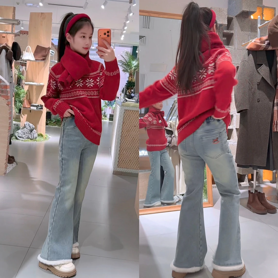 女大童百搭高腰浅色毛边一体绒牛仔裤喇叭裤2025冬装新款儿童裤子