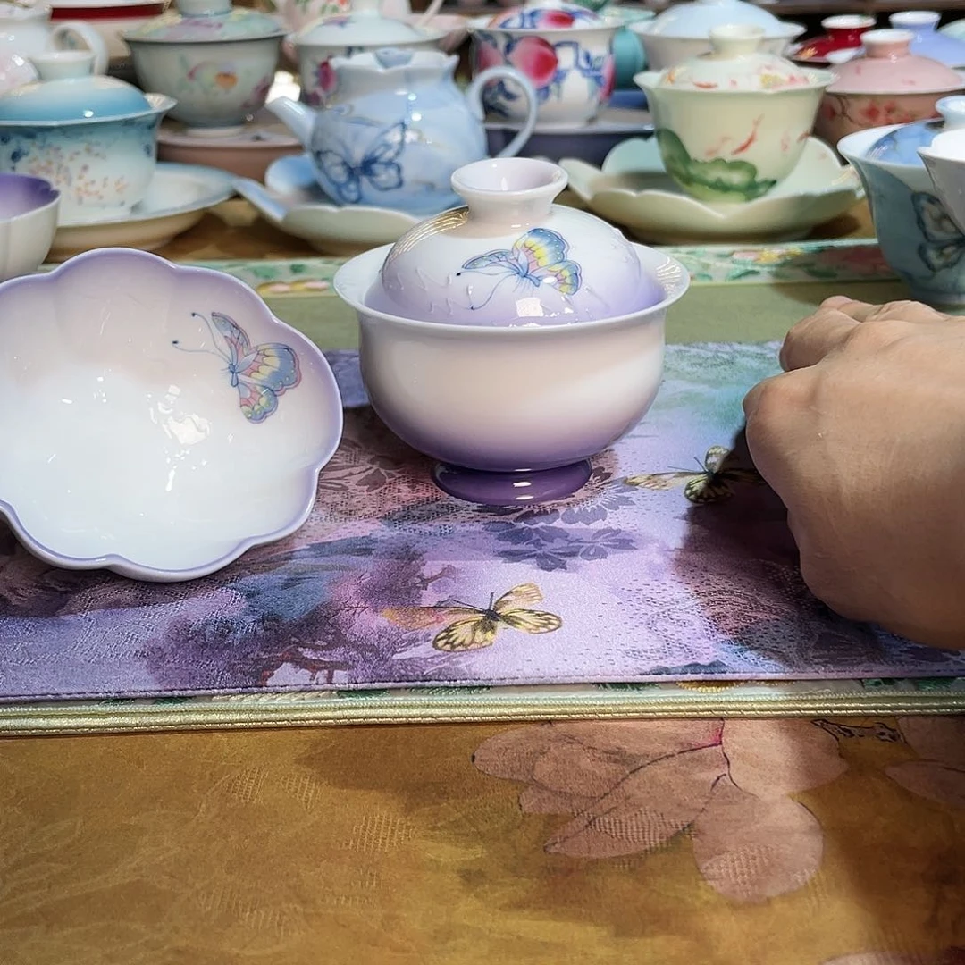 【闪购商品】紫烟蝶衣圆融盖碗➕贝壳茶杯