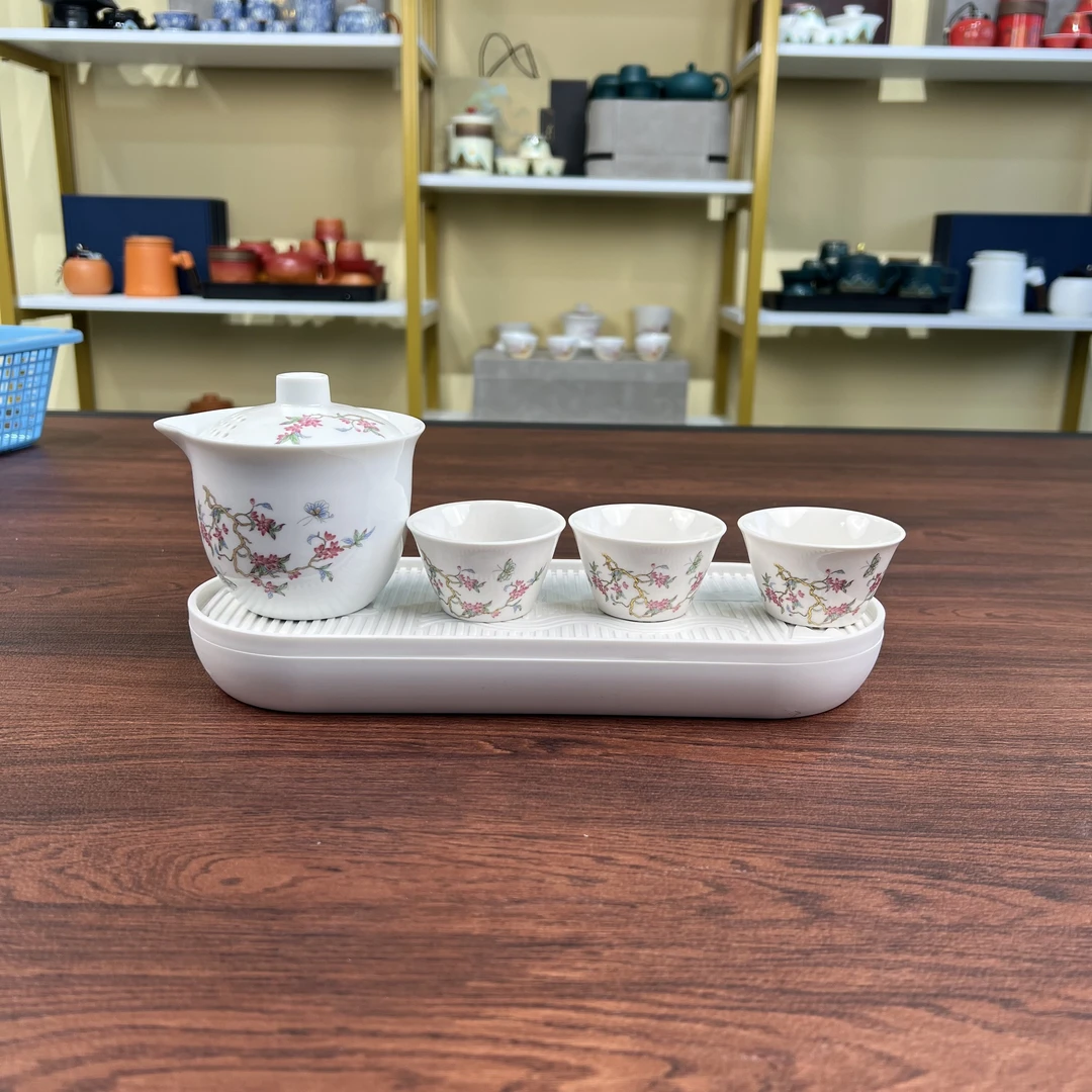 Z1167白/紫藤花手抓壶+3杯(斗签杯)+白椭圆盘