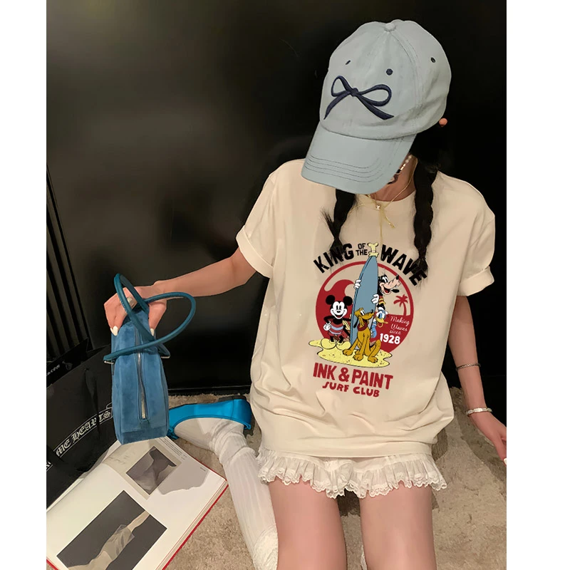 港味ins米奇潮牌百搭t恤上衣洋气女装纯棉短袖休闲情侣装高级半袖