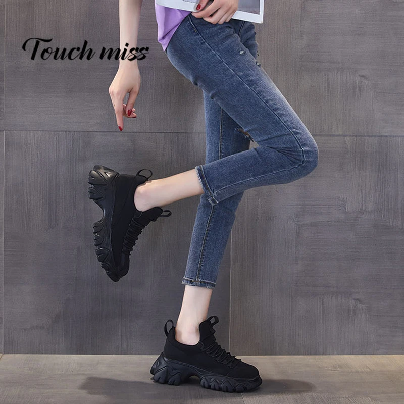 TOUCH MISS   高奢小个子福音黑色显瘦老爹鞋女百搭厚底内增高8cm