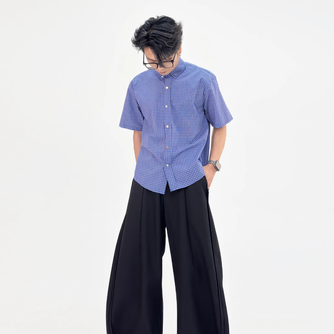 SongC夏季设计感小众miu系格子短袖衬衫男韩版慵懒高级感别致衬衣