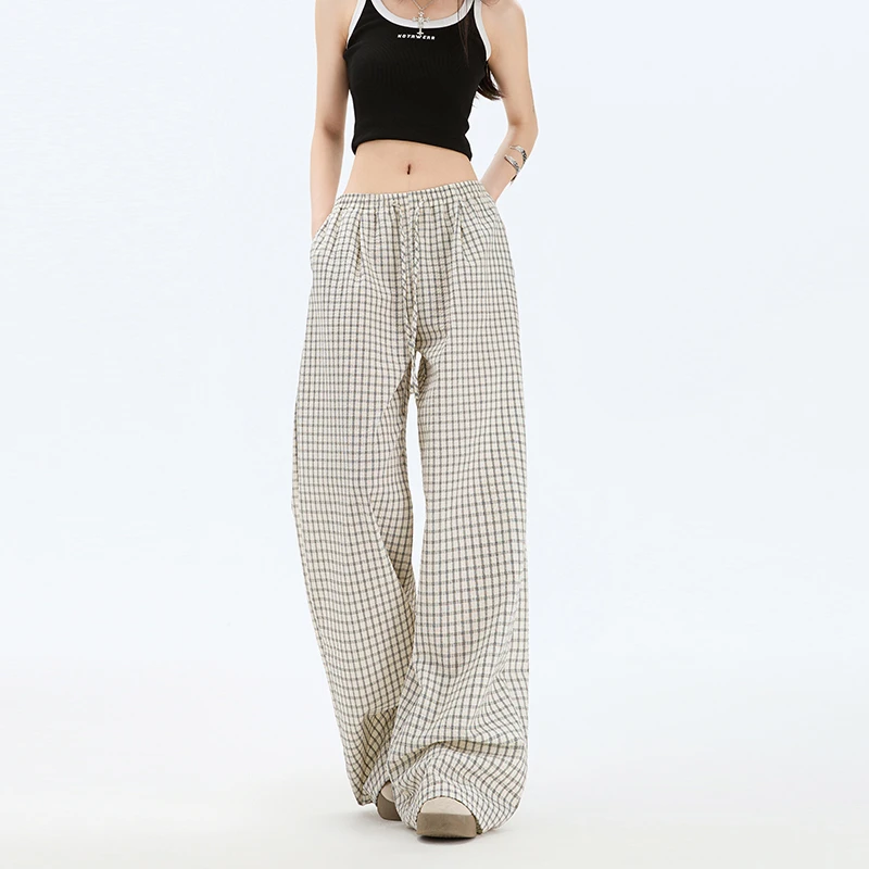 哥弟阿玛施正美式复古薄款蓝色格子休闲裤女夏季新款低腰宽松阔腿