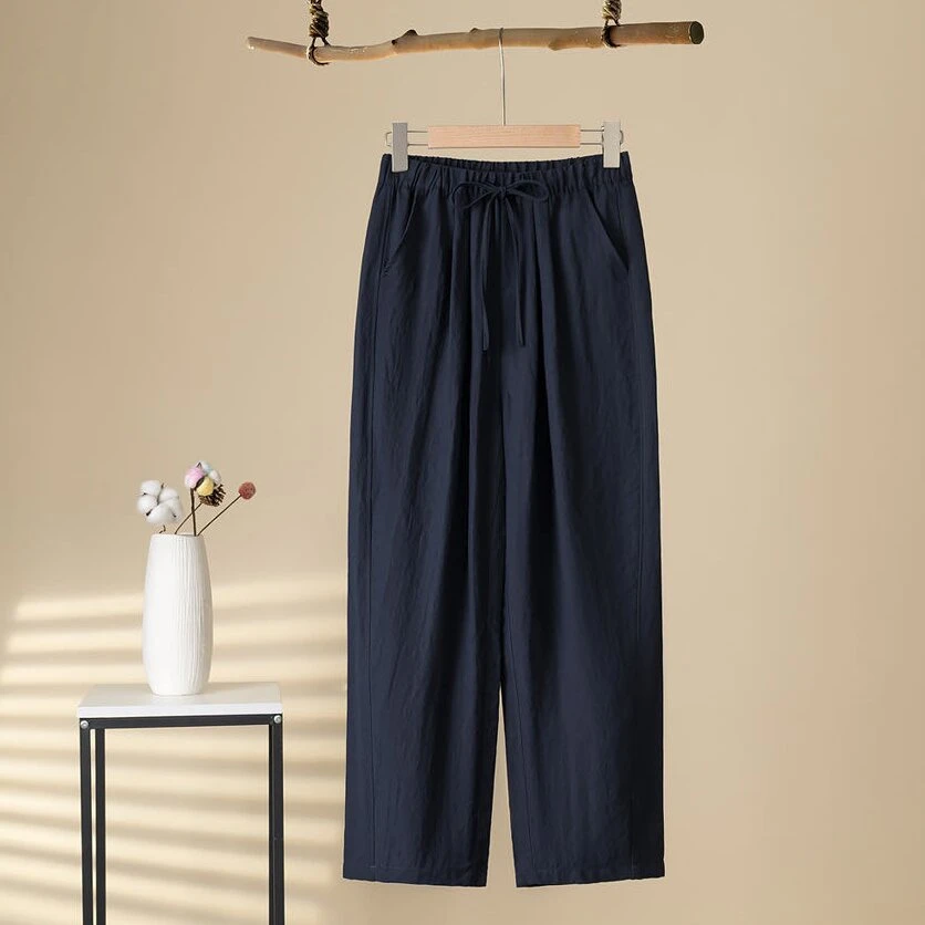 夏装新款休闲松紧腰高腰显瘦系带莱赛尔九分裤