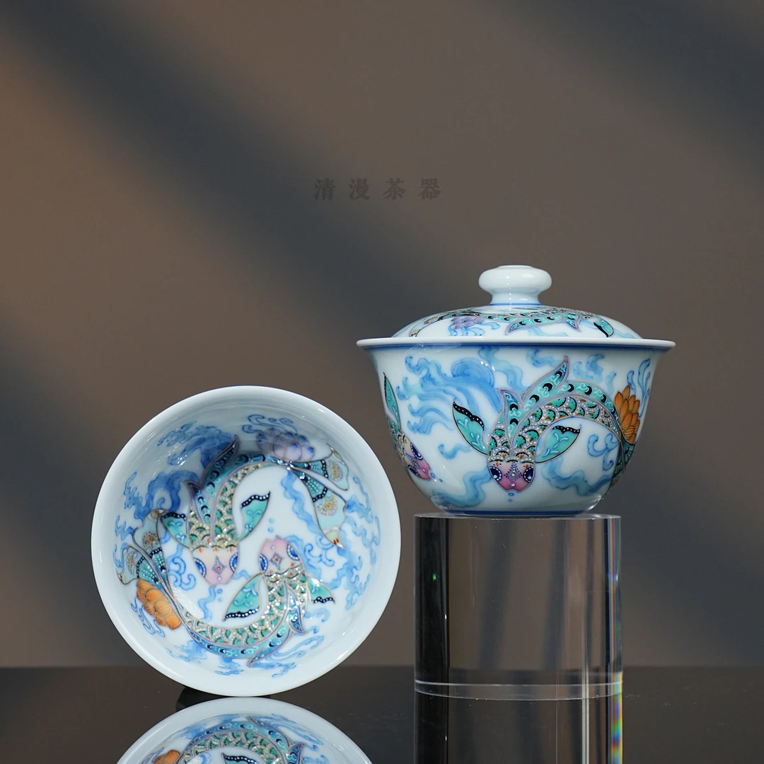 玗琪轩柴窑斗彩顺风顺水锦鲤茶器 景德镇手工手绘高档喝茶茶碗