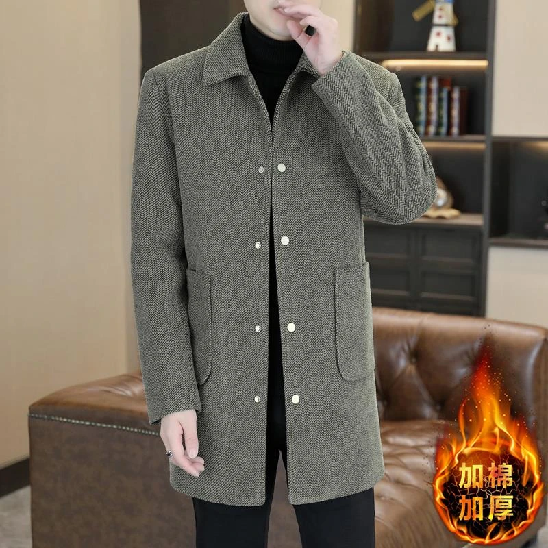 高级感男士毛呢大衣男款秋冬季加棉加厚潮流时尚中长款修身风衣男