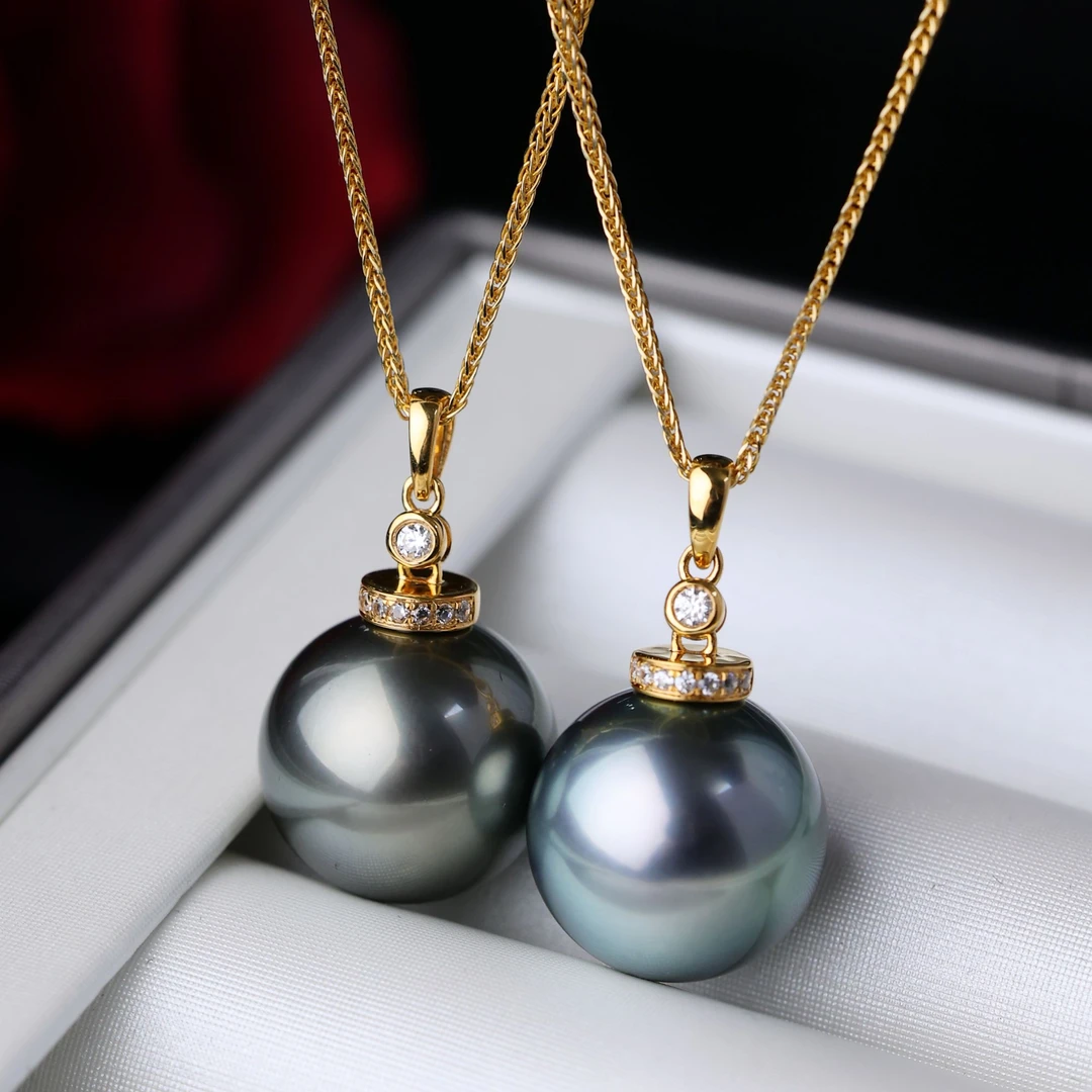 炫彩大溪地黑珍珠吊坠12-14mm18k金镶嵌时尚女简约风*多样性发一