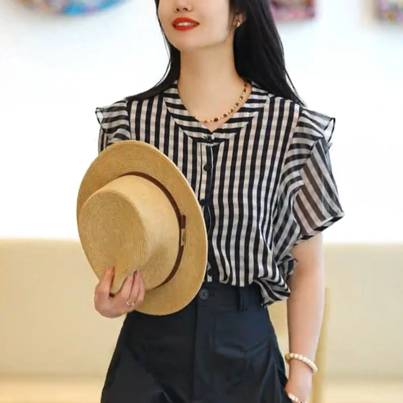 立领条纹气质短袖衬衫女夏季2025新款宽松显瘦时尚设计感花边上衣