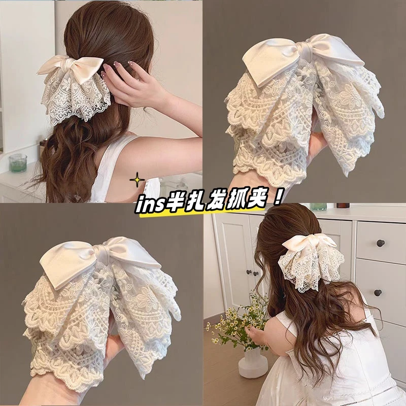 2025ins优雅立体蕾丝蝴蝶结马尾抓夹韩国温柔气质纯色顶夹发夹女