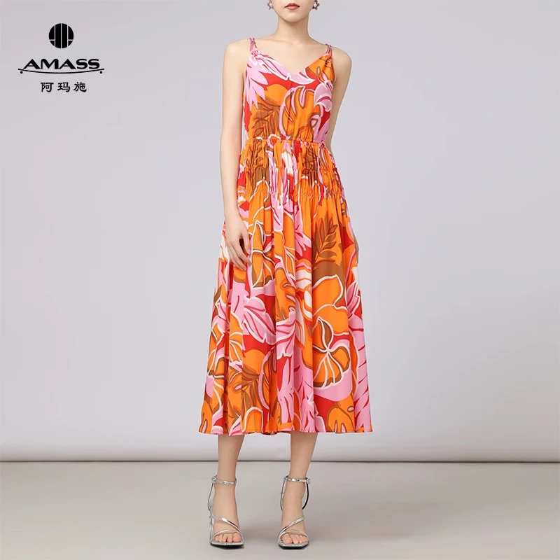 阿玛施【官方正品】夏季无袖新款显瘦时尚印花吊带连衣裙5500493