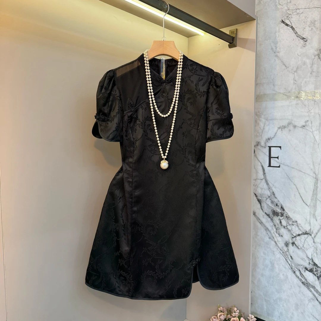 新中式国风提花肩膀网纱拼接小性感花苞袖单开叉盘扣旗袍裙1019