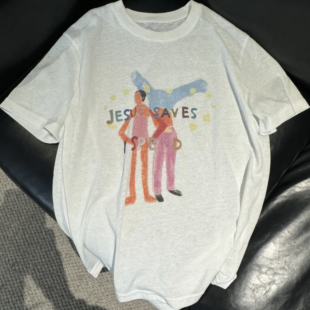 【忽晚山秋】手绘图案百搭简约圆领印花短袖T恤上衣女