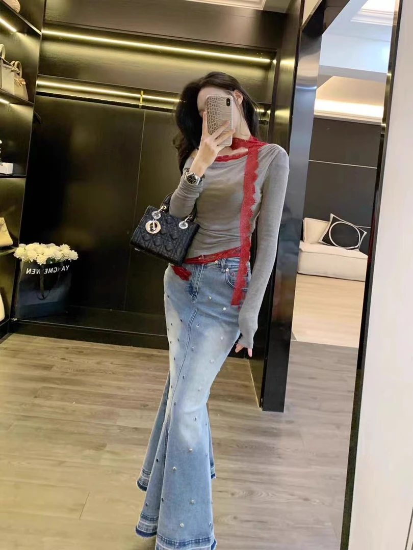 033辣妹长袖t恤女春秋新款假两件蕾丝拼接修身显瘦内搭打底上衣