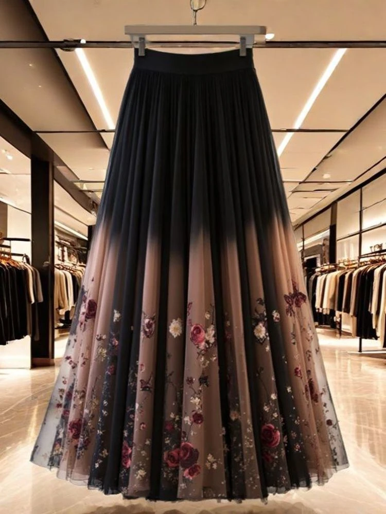 独特高级遮肉温柔甜美印花半身裙女2025夏季新款高腰减龄长款裙子