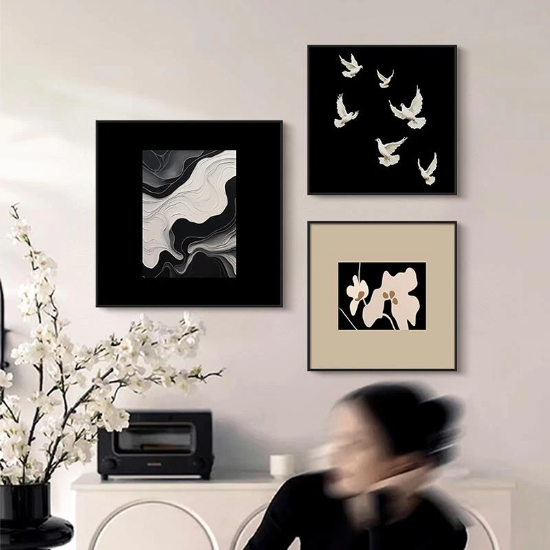 黑白抽象餐厅装饰画现代极简沙发背景墙挂画复古花鸟艺术组合挂画