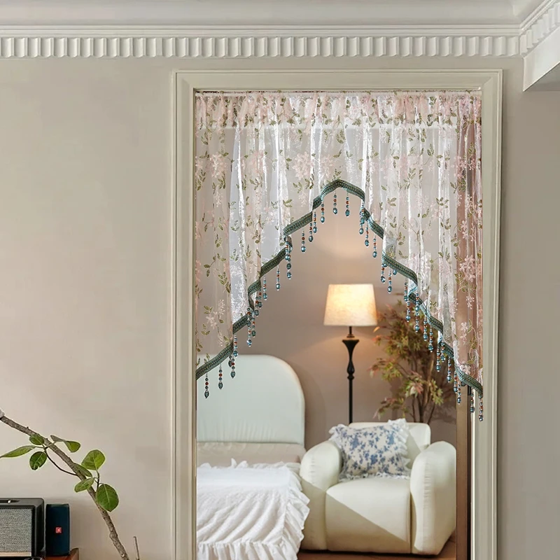 法式门帘轻奢隔断帘珠帘家用卧室窗帘半截蕾丝纱帘免打孔厨房厕所