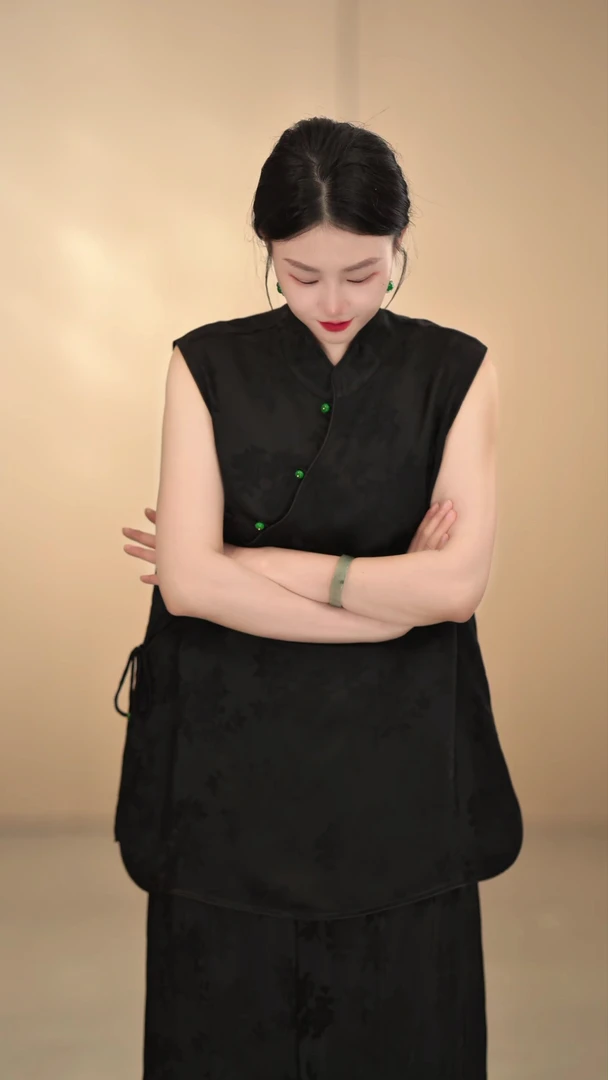 「浮生若梦」黑色新中式网红百搭纯色立领无袖明制汉服复古显瘦气质