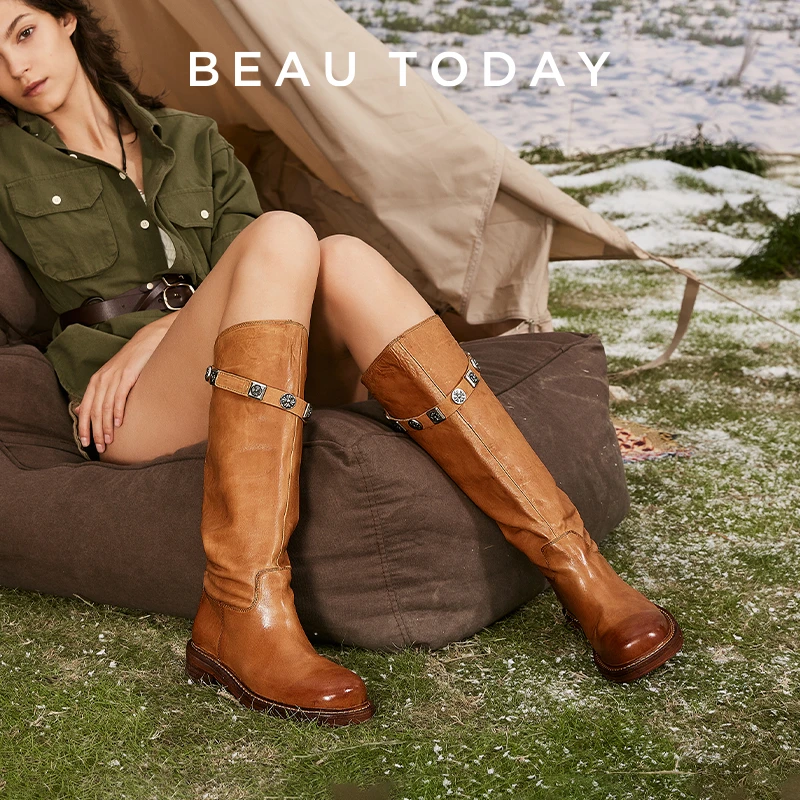 BeauToday【进口马皮】流光风明星同款时尚显瘦骑士靴新款水桶靴