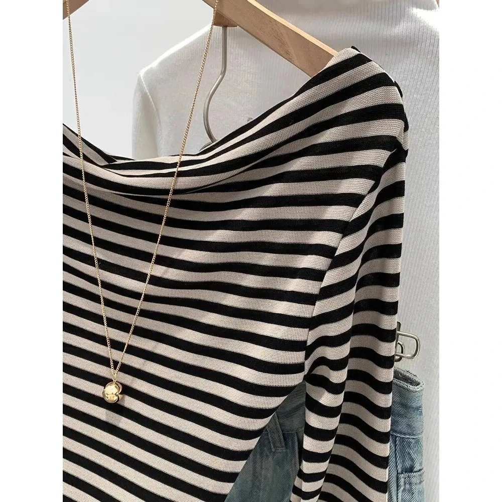 美式斜肩条纹修身打底衫女夏季高级感一字肩长袖T恤防晒罩衫上衣