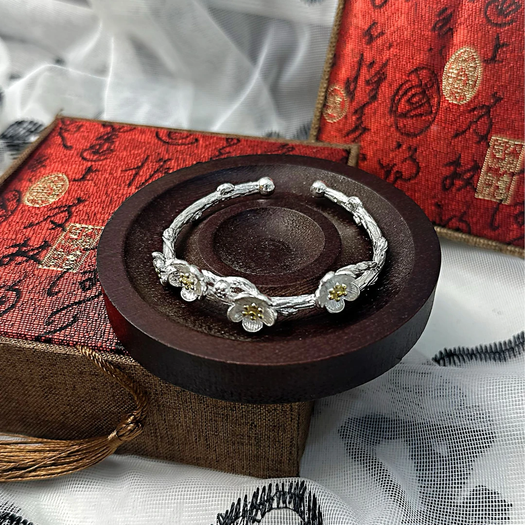 足银手镯 S179 开口对珠梅花酿手镯经典百搭手工时尚复古