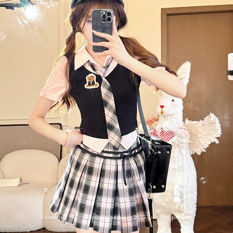粉墨学院 织物猪原创 jk制服假两件上衣女夏季格子百褶短裙两件