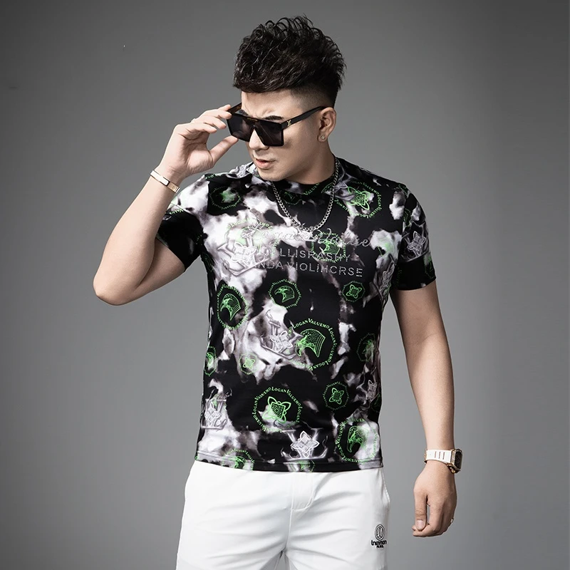 轻奢时尚花色短袖T恤男士2025新款夏季休闲修身圆领体恤高端半袖